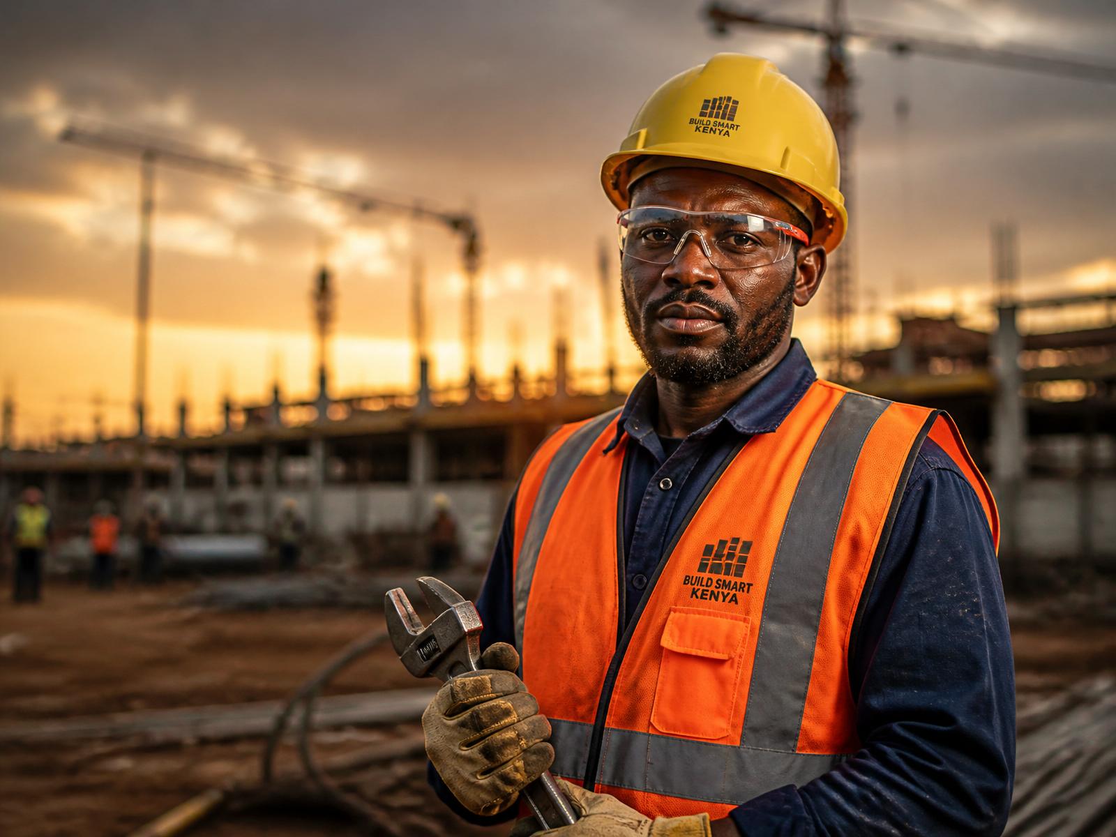 Construction worker in full PPE on a Kenyan job site